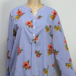 The Skyline Collection Blouse Top Long Sleeve Stripes Floral White/Blue Sz LARGE